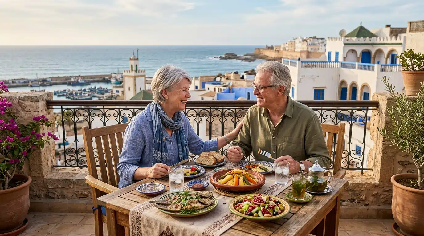 Couple de retraités attablé en terrasse face à la mer