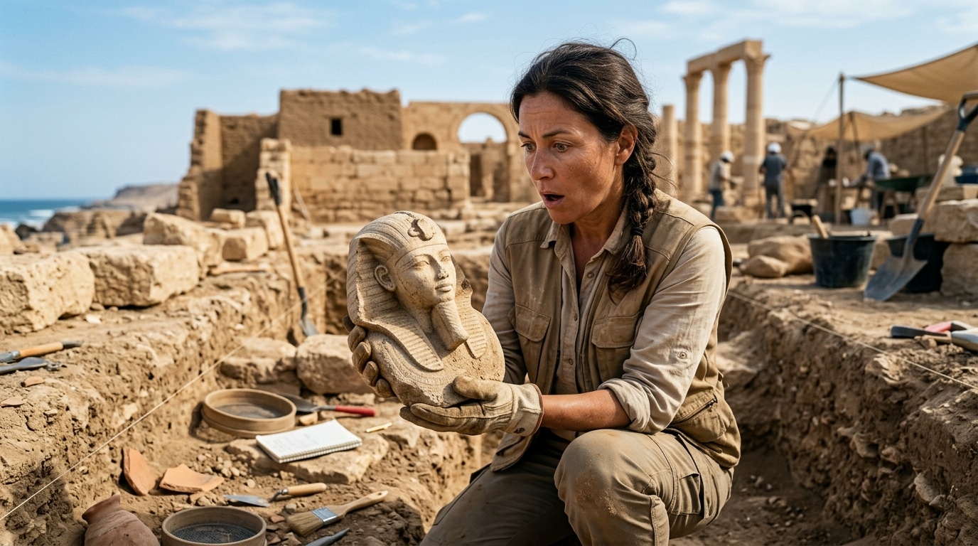 Archéologue examinant un buste de pharaon en calcaire