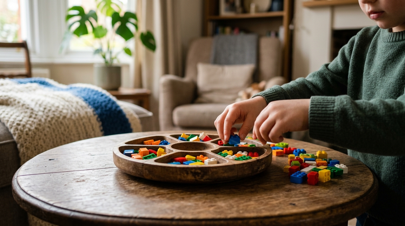 Mains d'enfant triant des briques colorées sur plateau