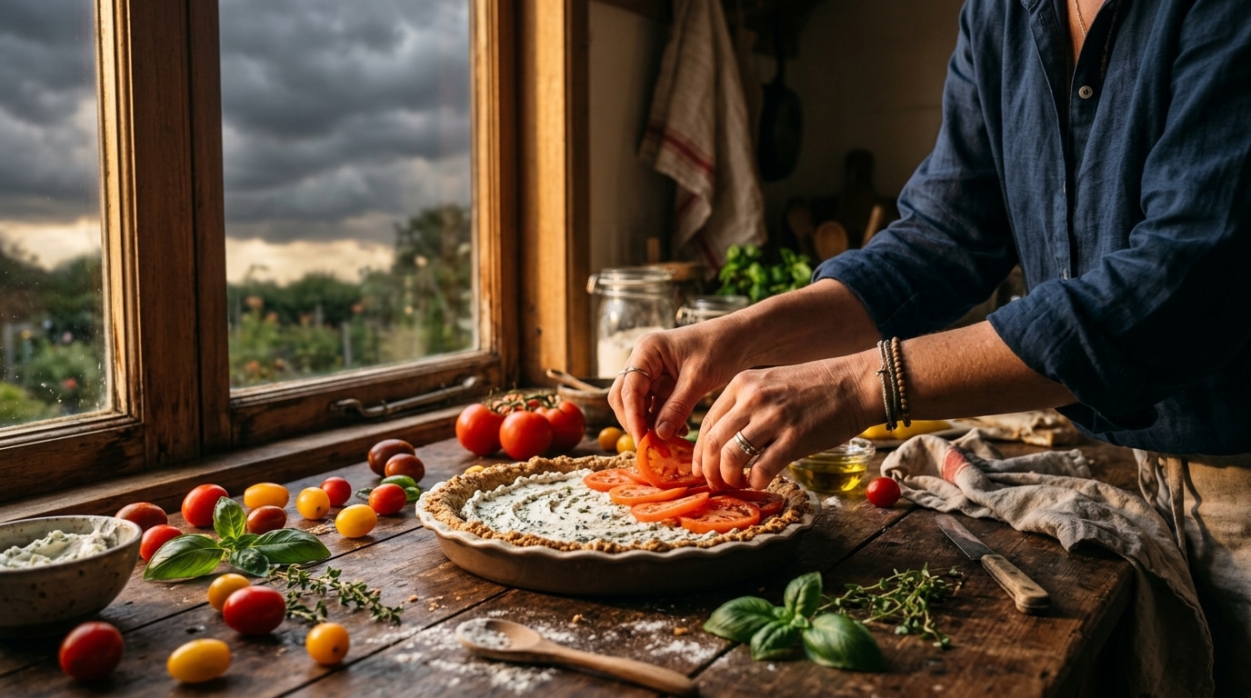 Préparation d'une tarte fraîcheur tomates chèvre sans cuisson