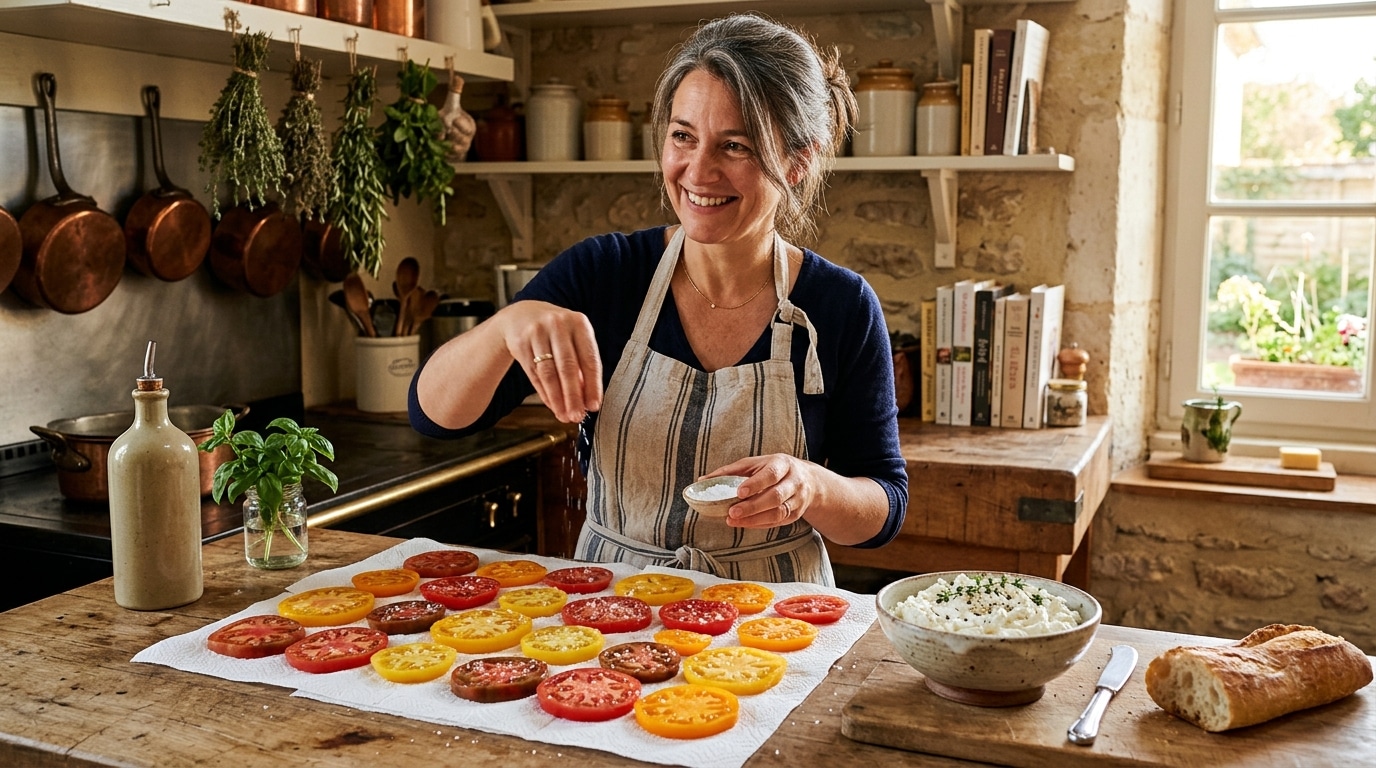 Tomates du jardin qui dégorgent sur papier absorbant