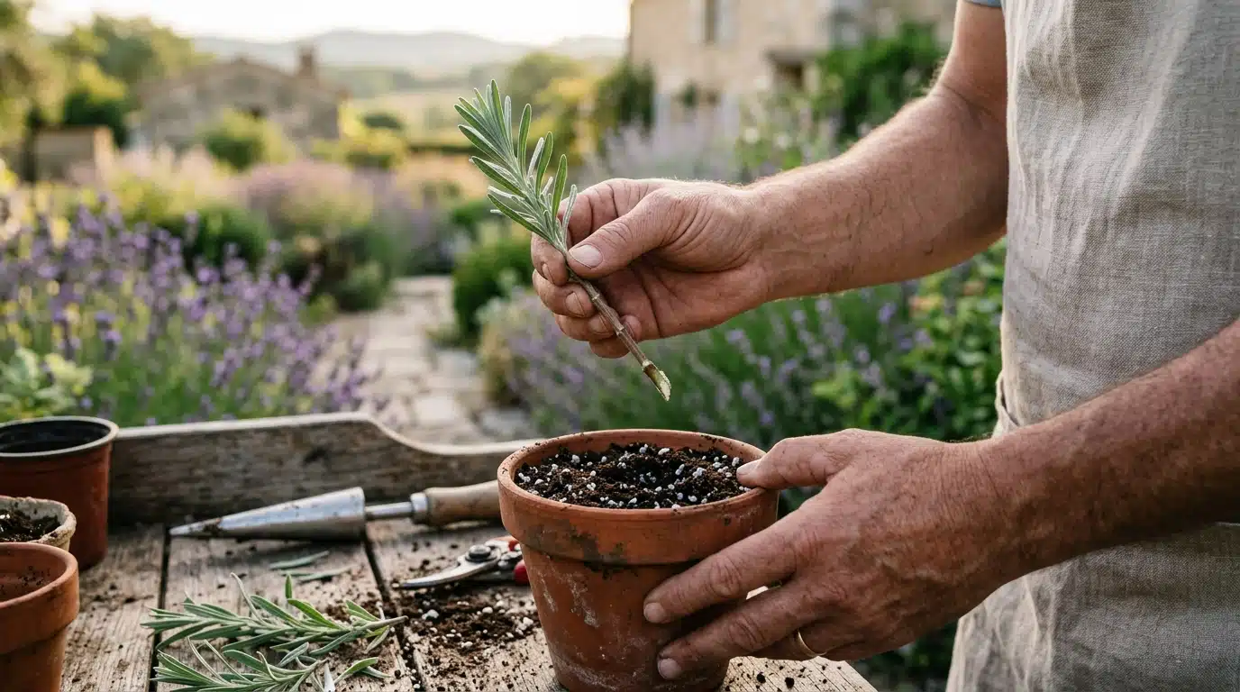 Boutures de lavande plantées dans des pots en terre