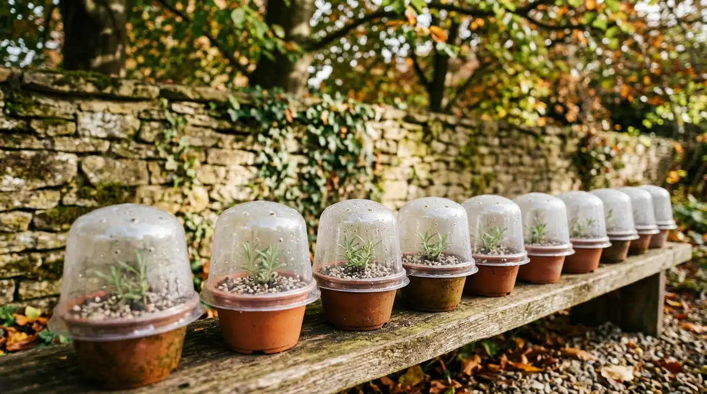 Mini-serres improvisées sur pots de lavande en extérieur