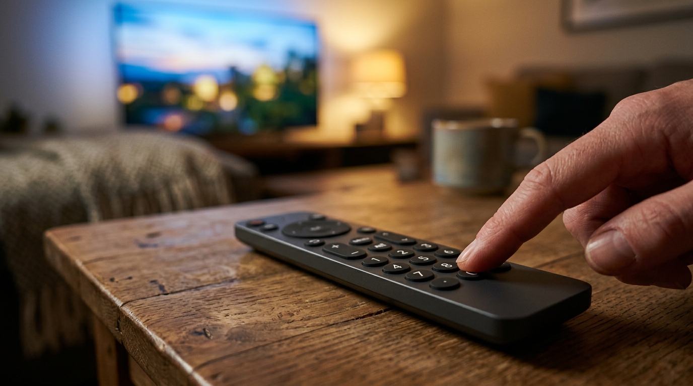 Doigt appuyant sur la touche 0 d'une télécommande