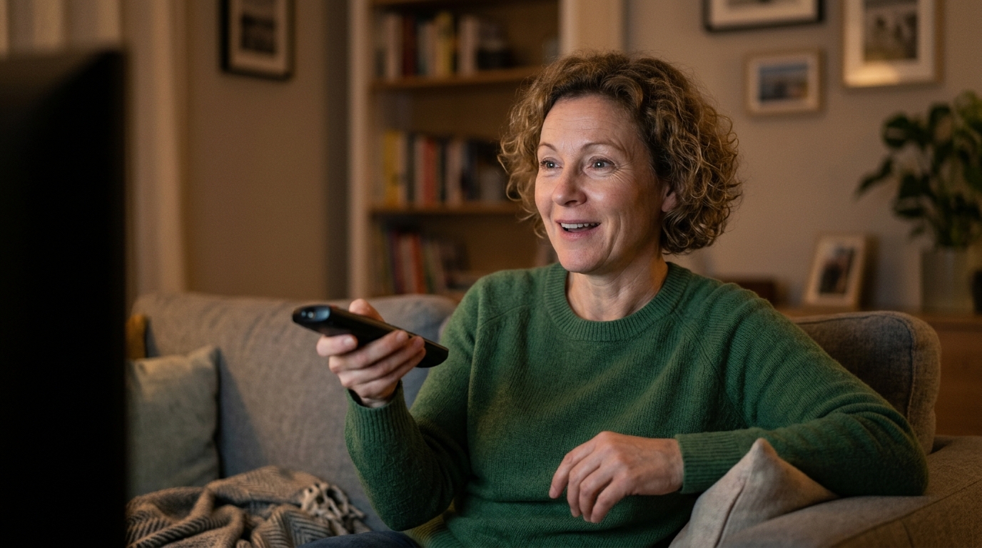 Personne souriante devant sa télévision allumée