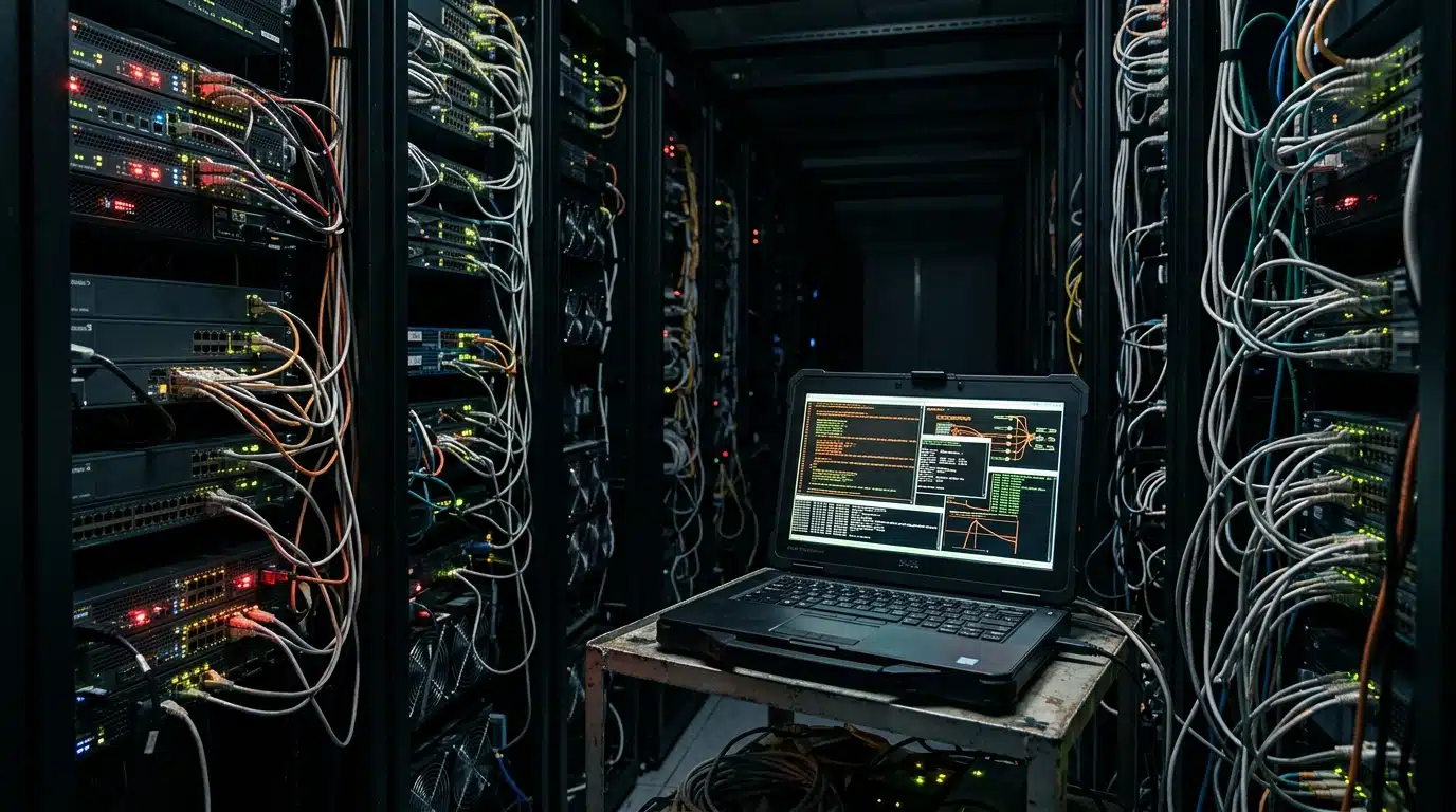 Salle de serveurs sombre avec câbles et écran de code