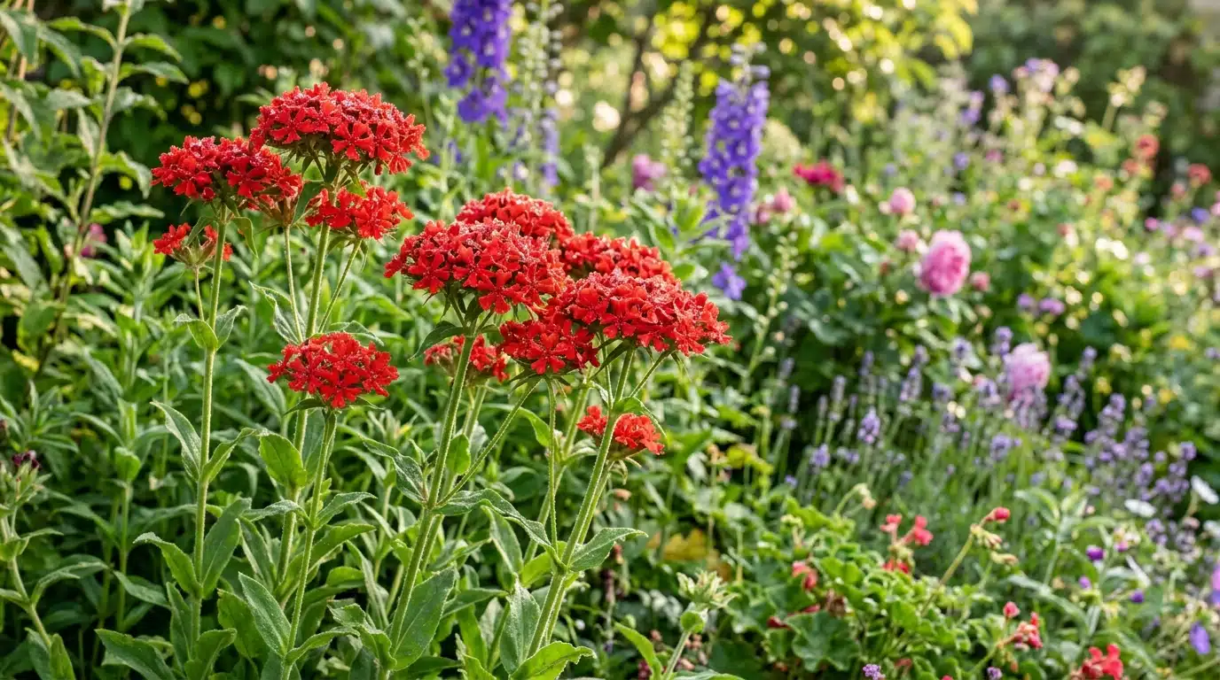 Fleurs rouges de croix de Malte dans un jardin