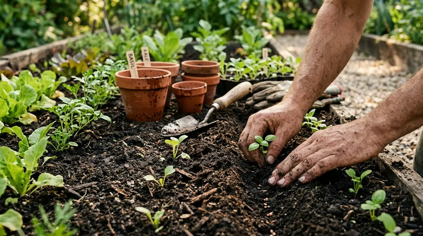 Mains plantant des jeunes pousses dans la terre