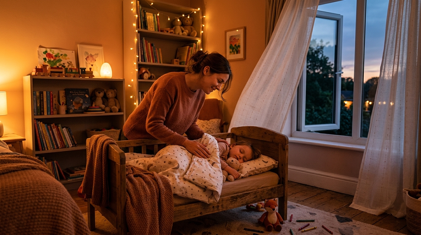 Chambre d'enfant fraîche le soir avec fenêtre ouverte