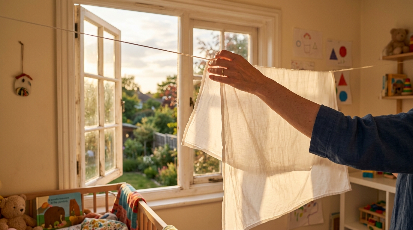 Drap humide suspendu à la fenêtre d'une chambre d'enfant
