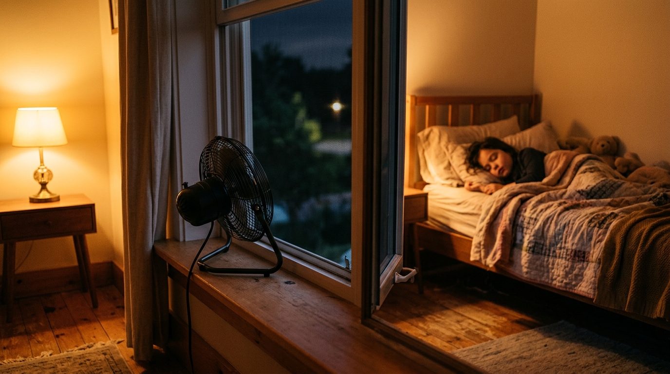Ventilateur orienté vers la fenêtre loin du lit d'un enfant