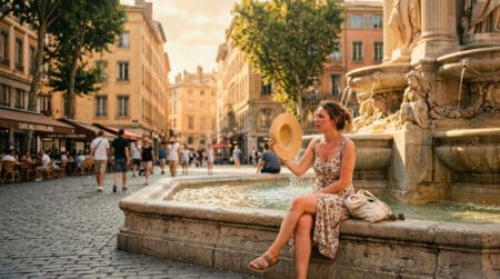 Chaleur intense sur une place de Lyon en été