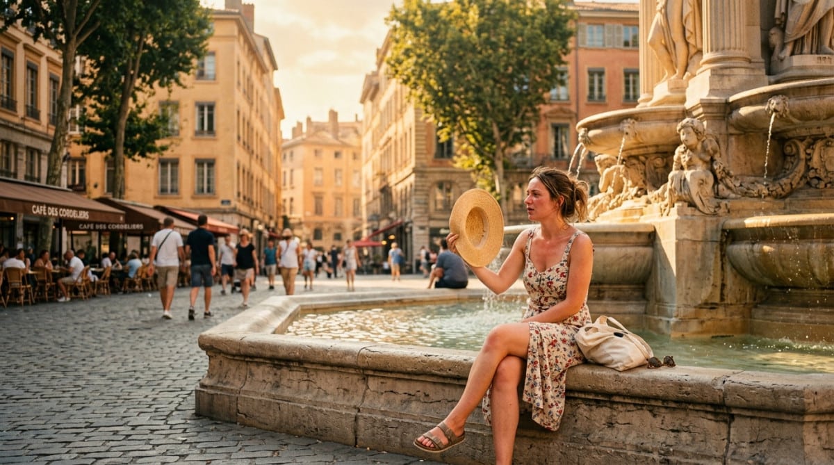 Chaleur intense sur une place de Lyon en été