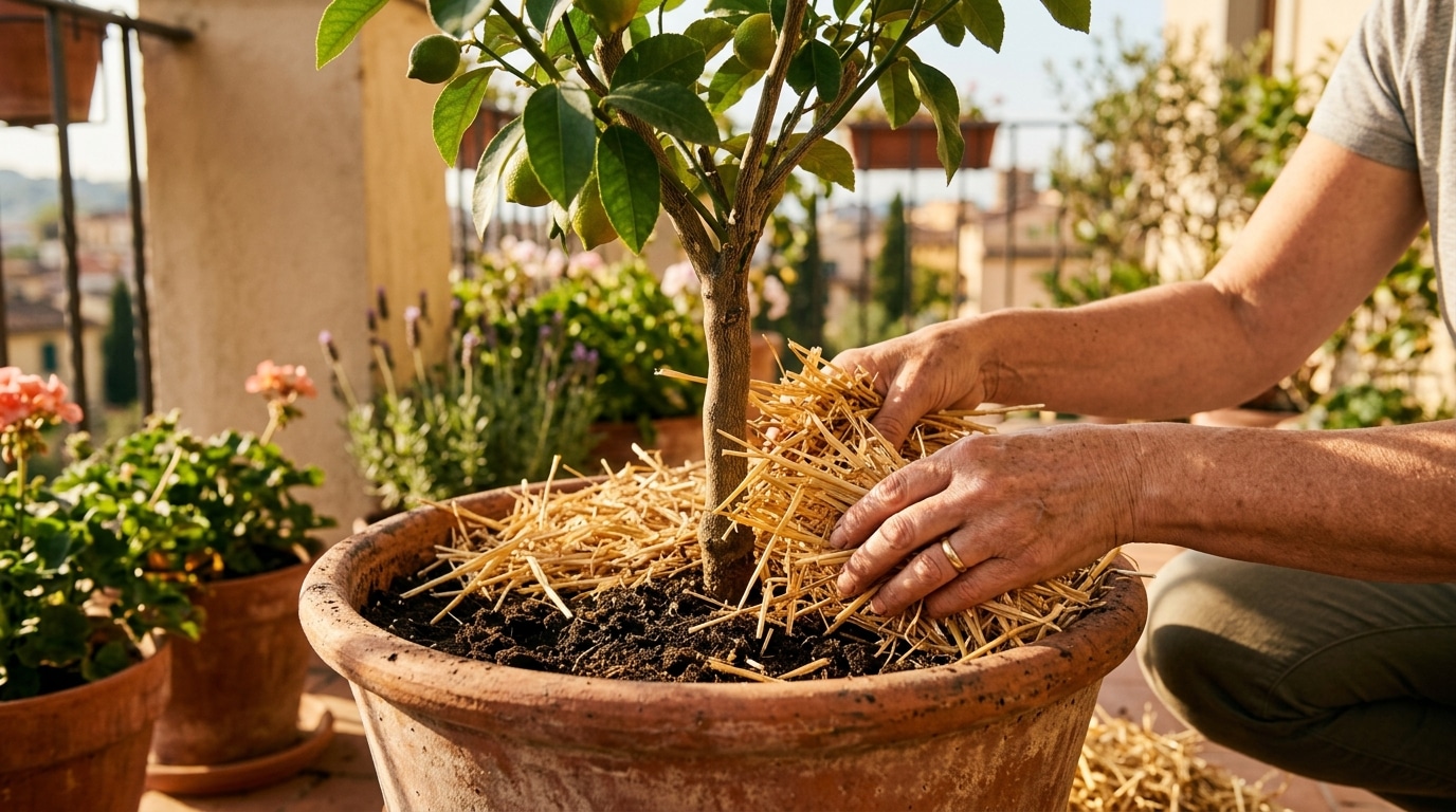 Paillage de paille autour d'un citronnier en pot