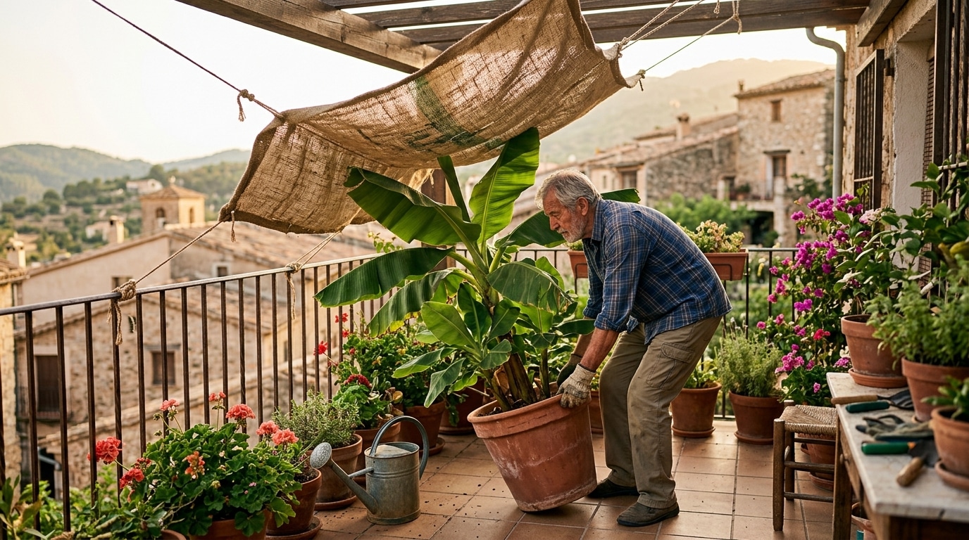 Homme déplaçant une plante à l'ombre sur son balcon