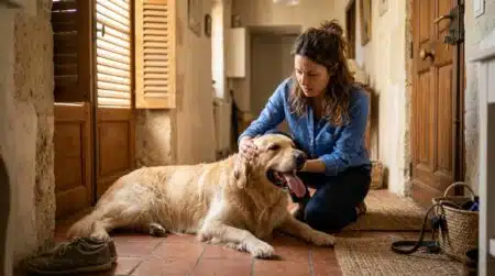 Femme vérifiant son chien haletant au retour du travail