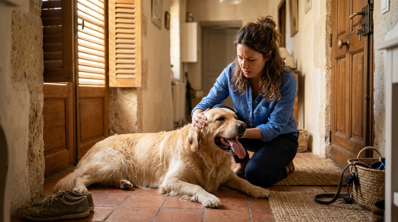 Femme vérifiant son chien haletant au retour du travail