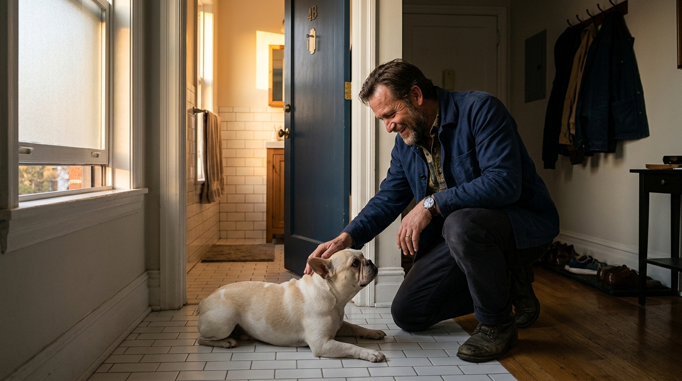 Homme rassuré retrouvant son chien dans une pièce fraîche