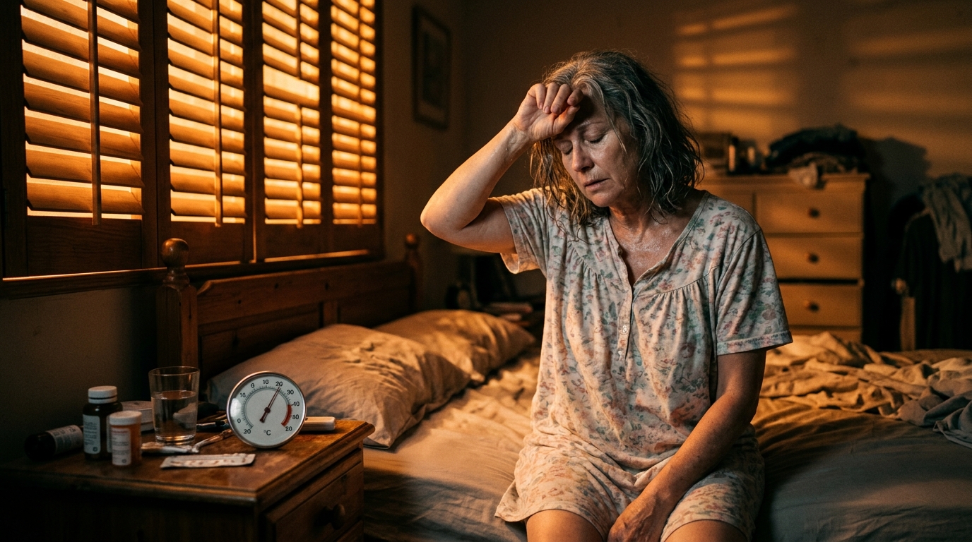 Femme épuisée par la chaleur dans une chambre fermée au coucher du soleil