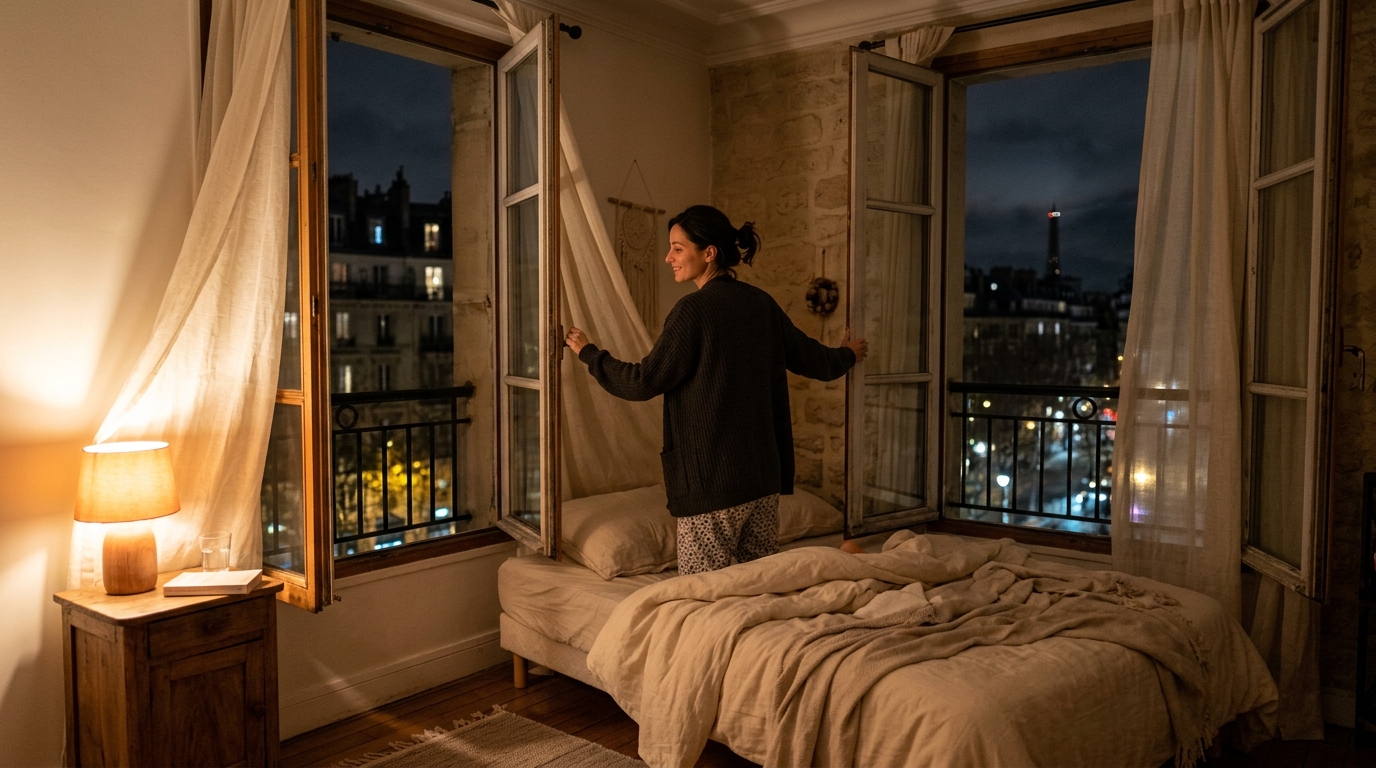 Ouverture de deux fenêtres la nuit pour créer une ventilation croisée
