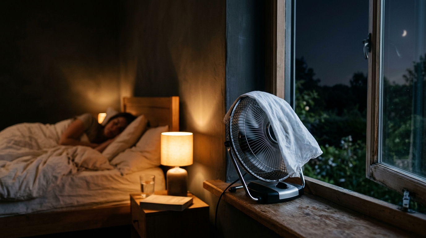 Ventilateur orienté vers la fenêtre avec un drap humide devant