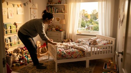 Parent déplaçant le lit d'un enfant loin de la fenêtre