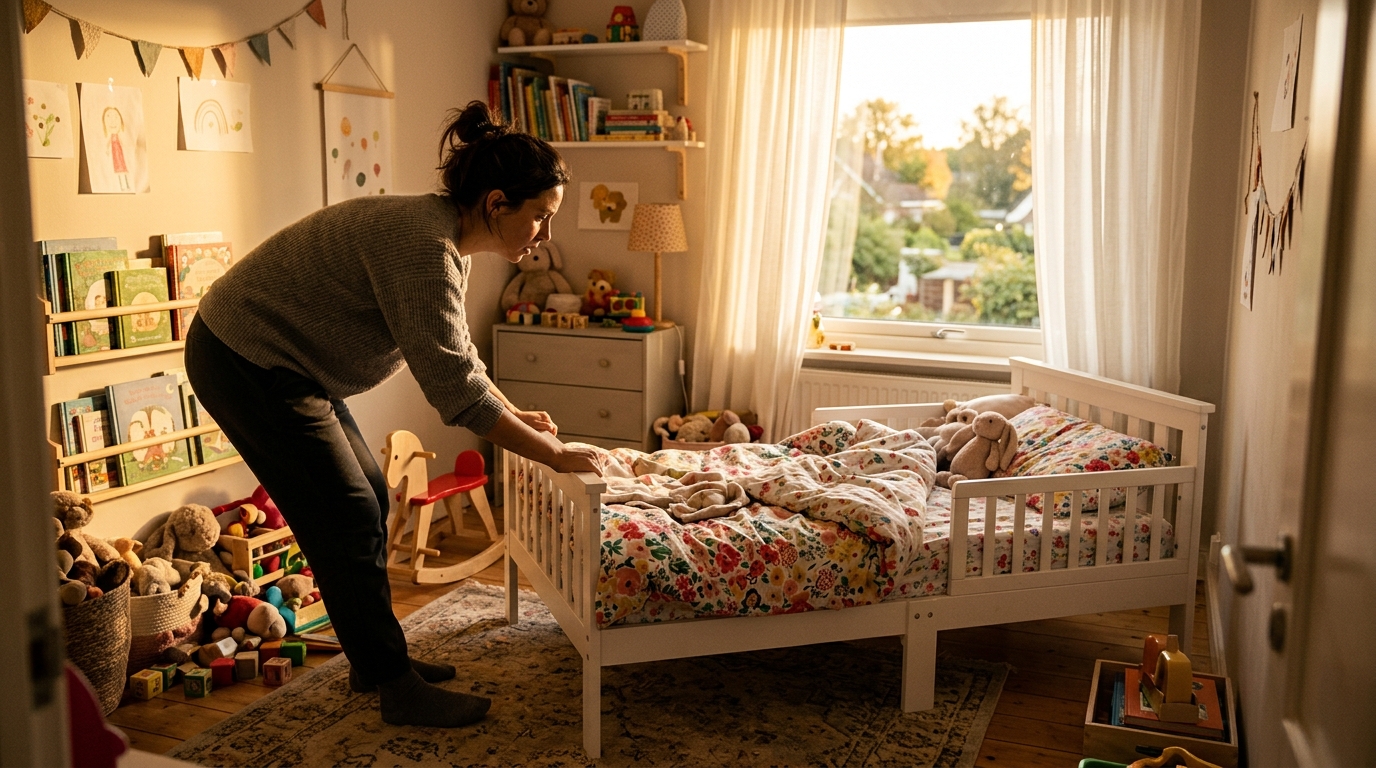 Parent déplaçant le lit d'un enfant loin de la fenêtre