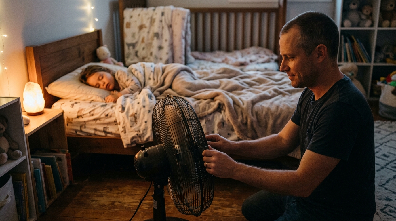 Ventilateur en oscillation à distance du lit d'un enfant