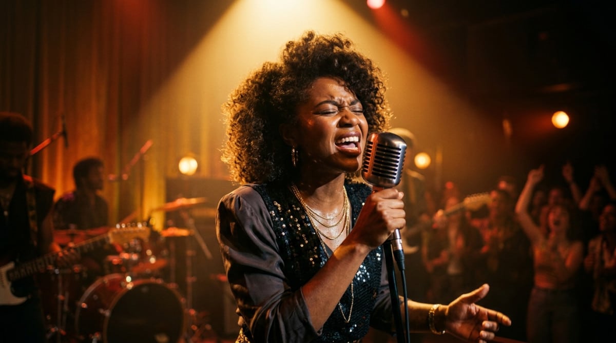 Chanteuse sur scène évoquant Whitney Houston dans les années 80
