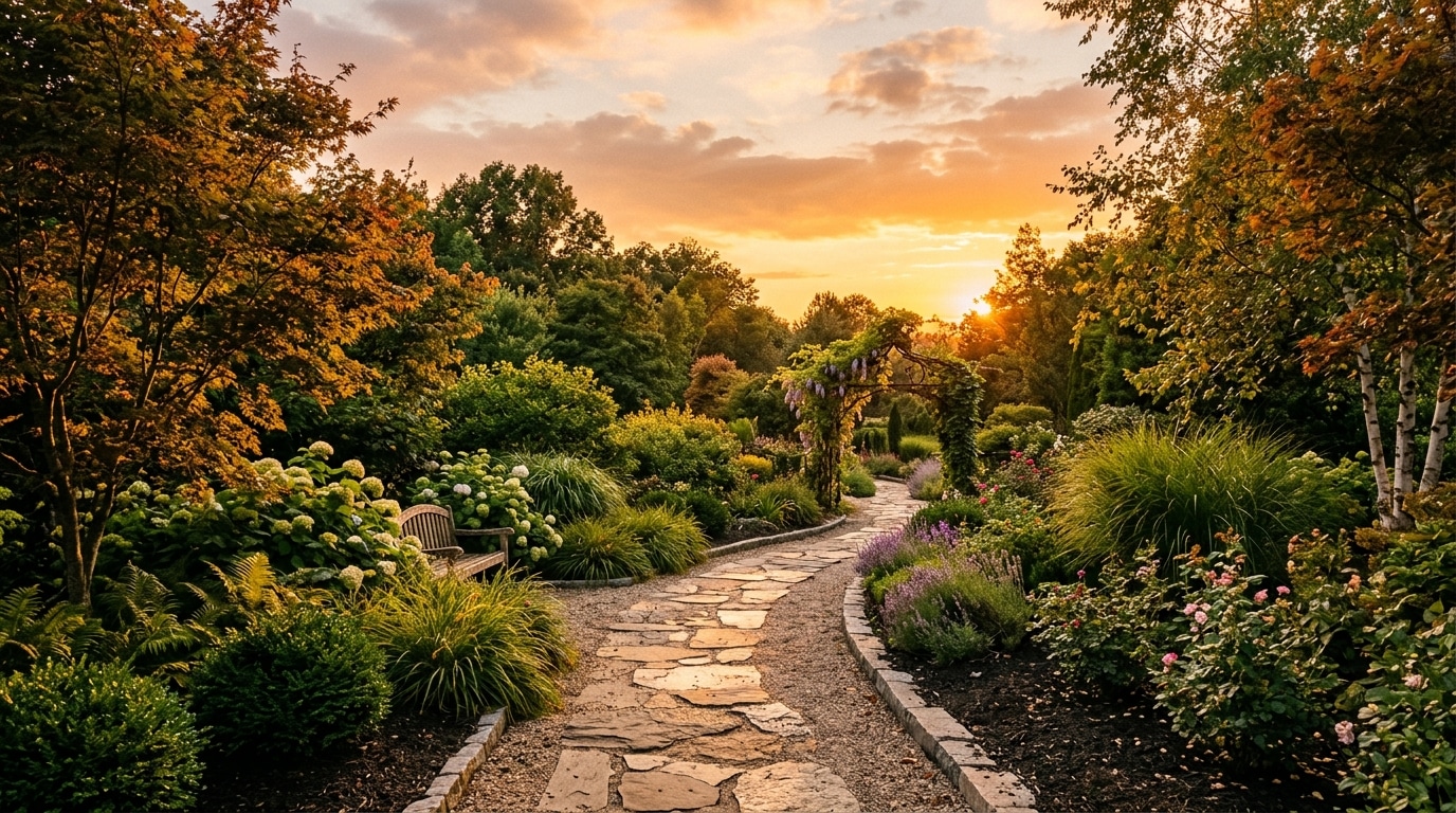 Un jardin paisible au coucher du soleil