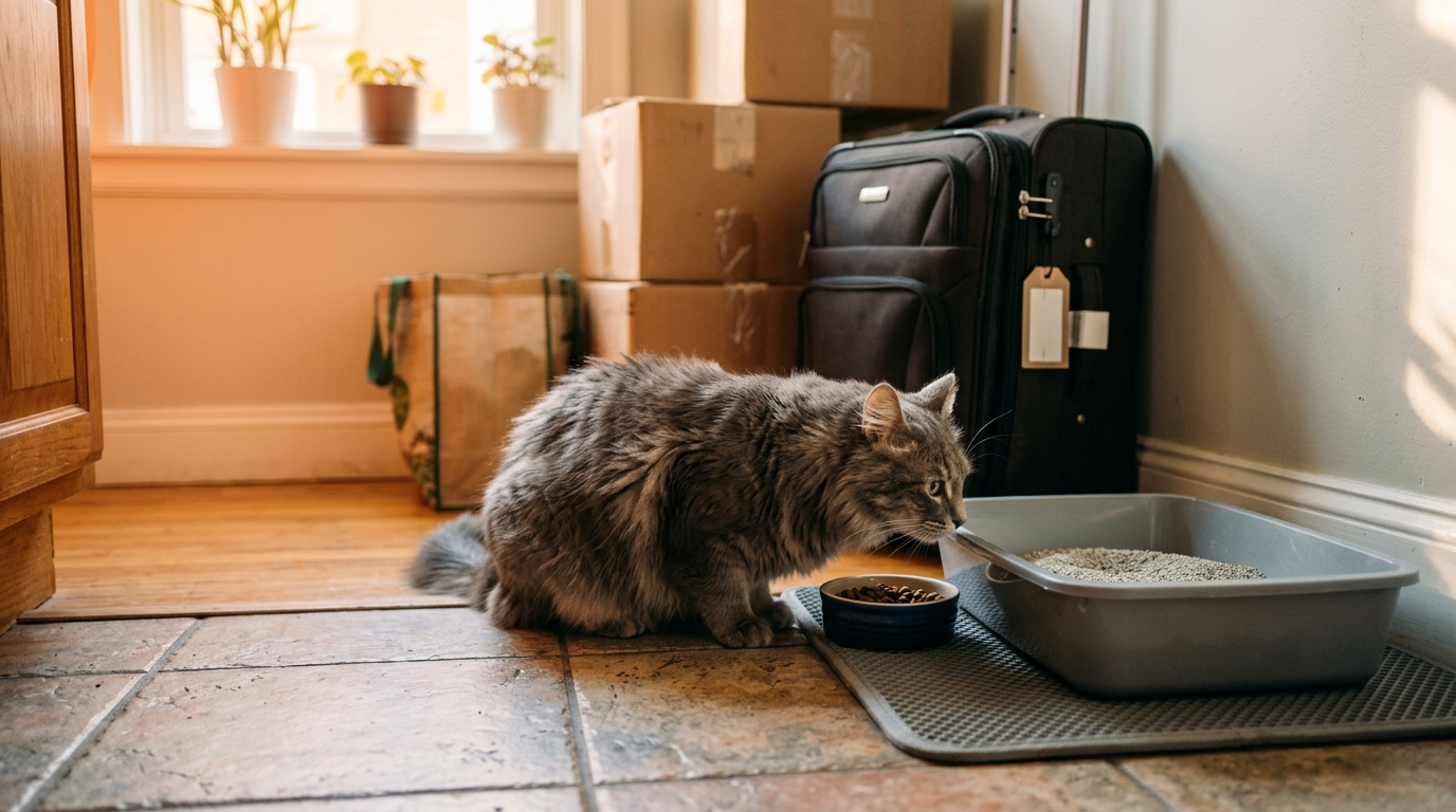 Chat reniflant sa gamelle et sa litière après un retour