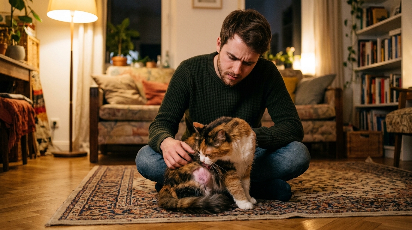 Homme inquiet observant son chat se lécher excessivement