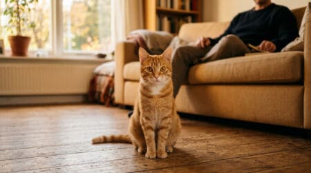 Chat roux qui fixe intensément son propriétaire assis