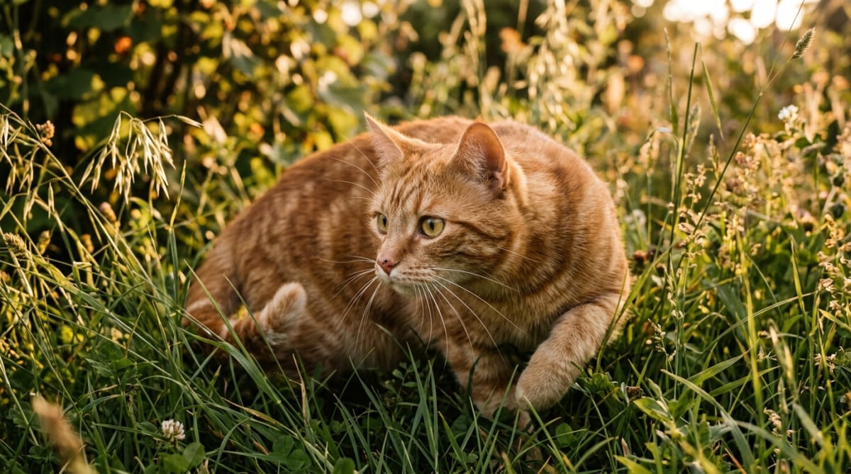 Chat tigré en position de chasse dans l'herbe dorée