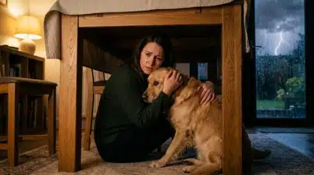 Femme rassurant son chien tremblant pendant un orage