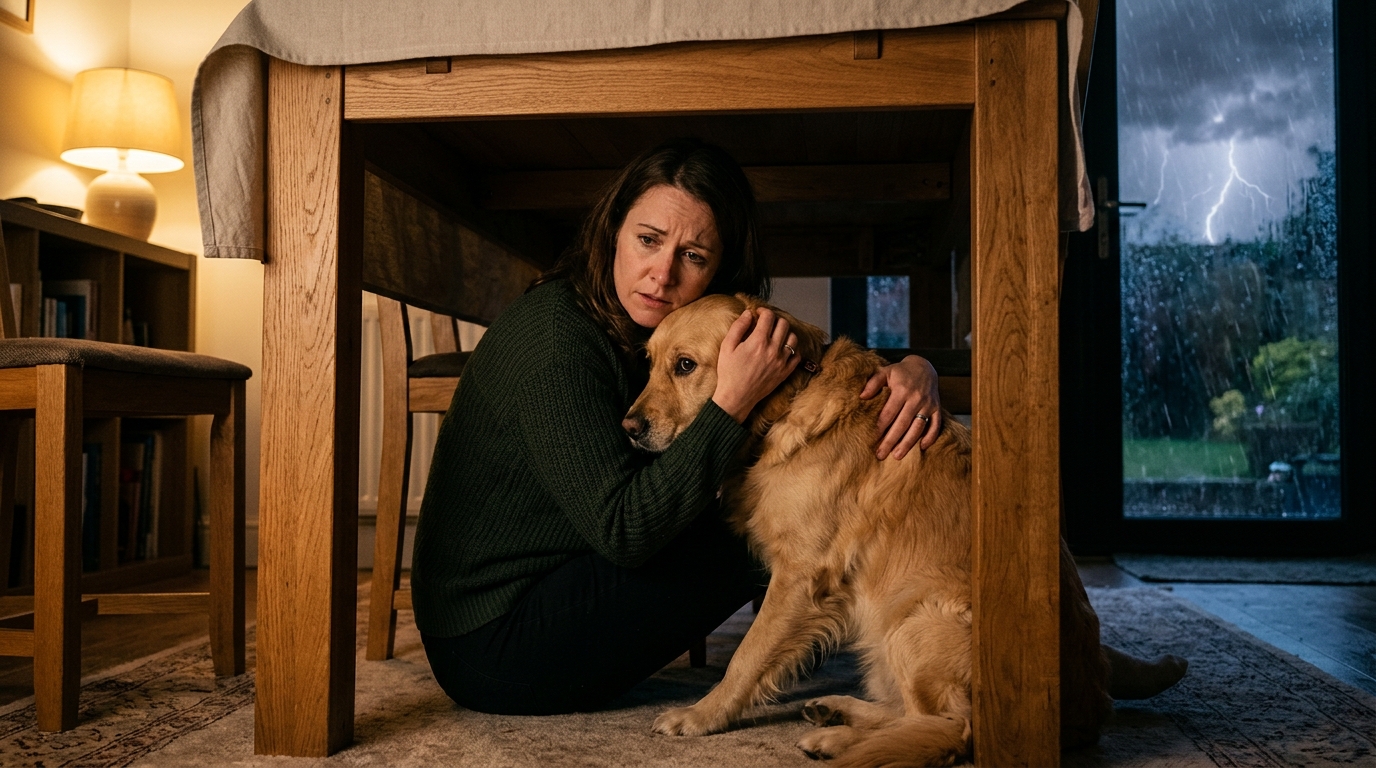Femme rassurant son chien tremblant pendant un orage