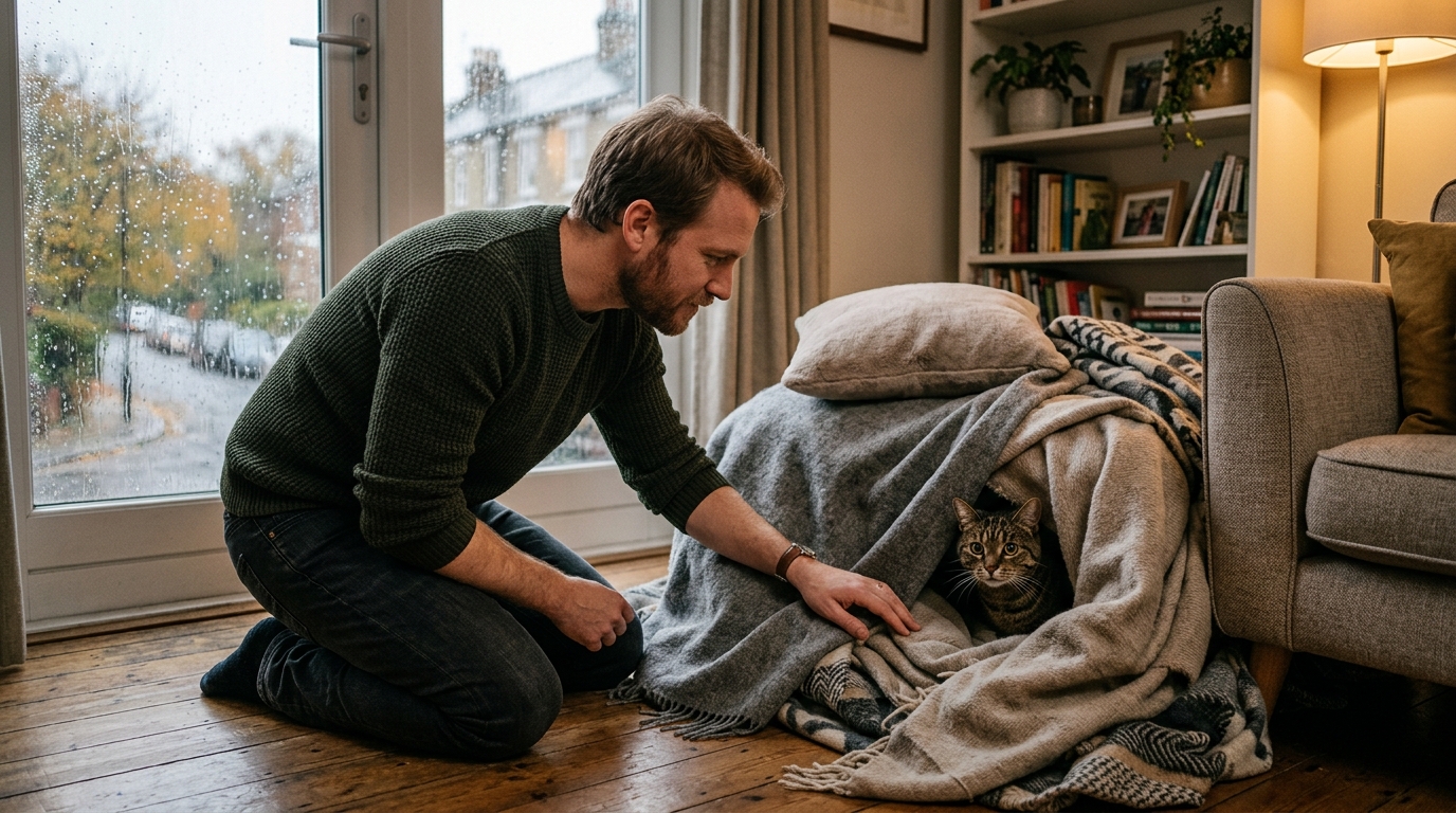 Chat réfugié calmement dans un coin cosy pendant l'orage