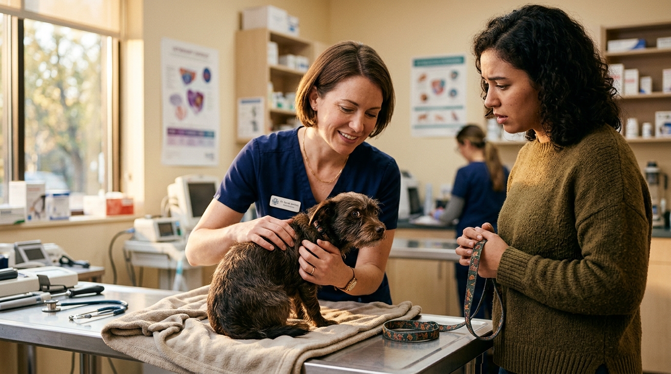 Vétérinaire examinant un chien anxieux en clinique