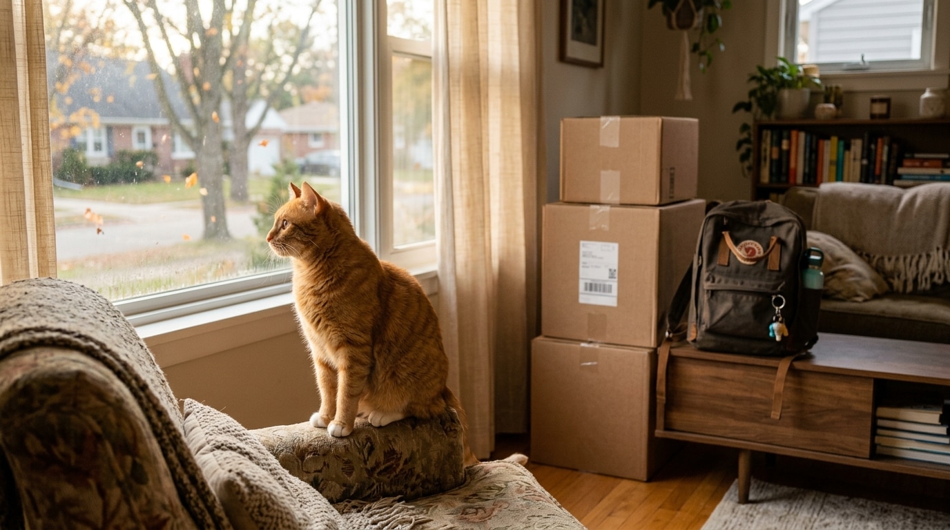 Chat assis près d'une fenêtre ensoleillée à la maison