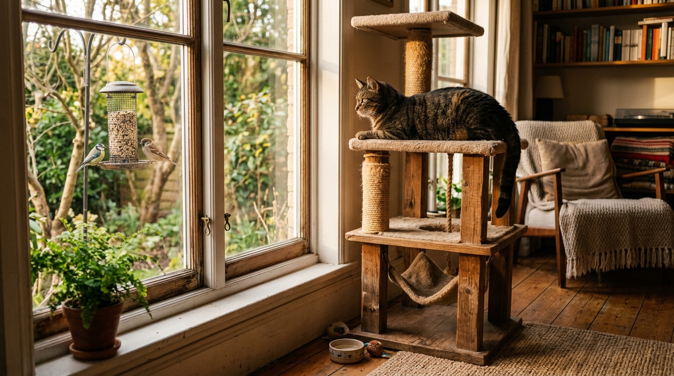 Chat sur un arbre à chat positionné près d'une fenêtre