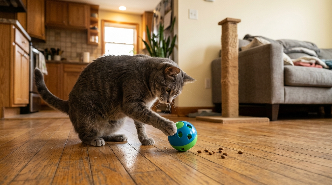 Chat jouant avec un distributeur de croquettes au sol
