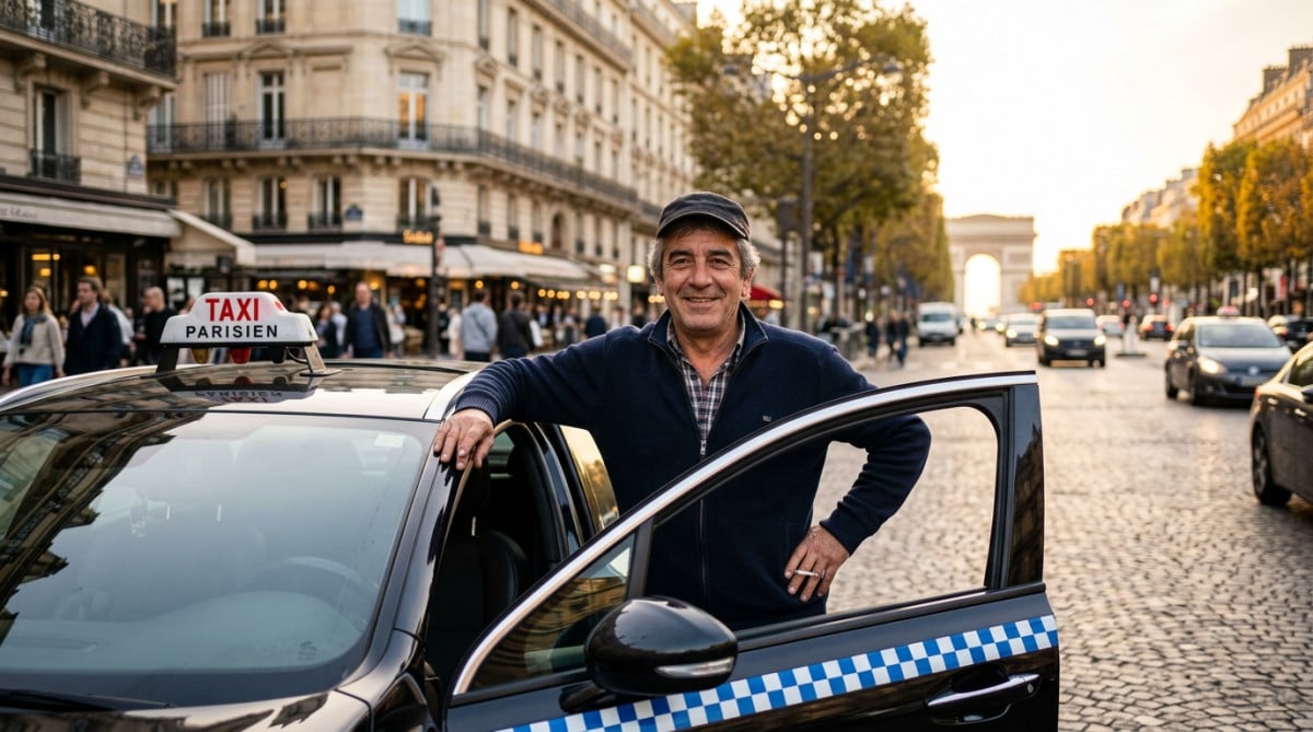 Chauffeur de taxi parisien avec damier bleu et blanc