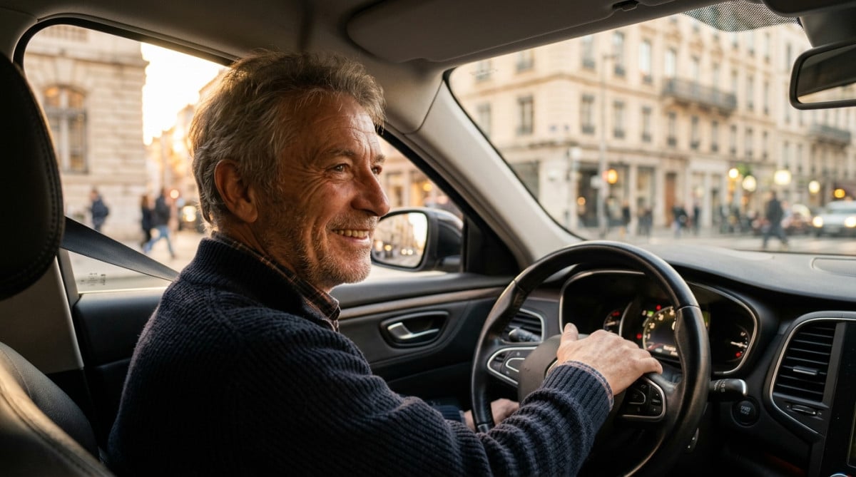 Chauffeur de taxi senior souriant au volant