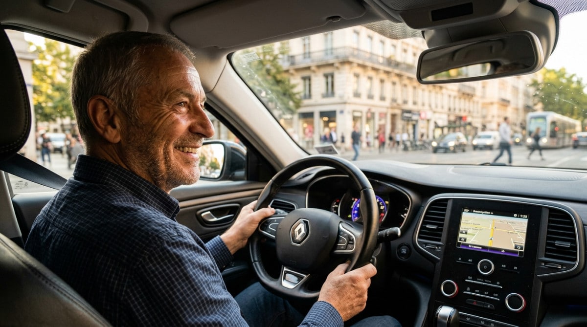 Chauffeur de taxi senior souriant au volant