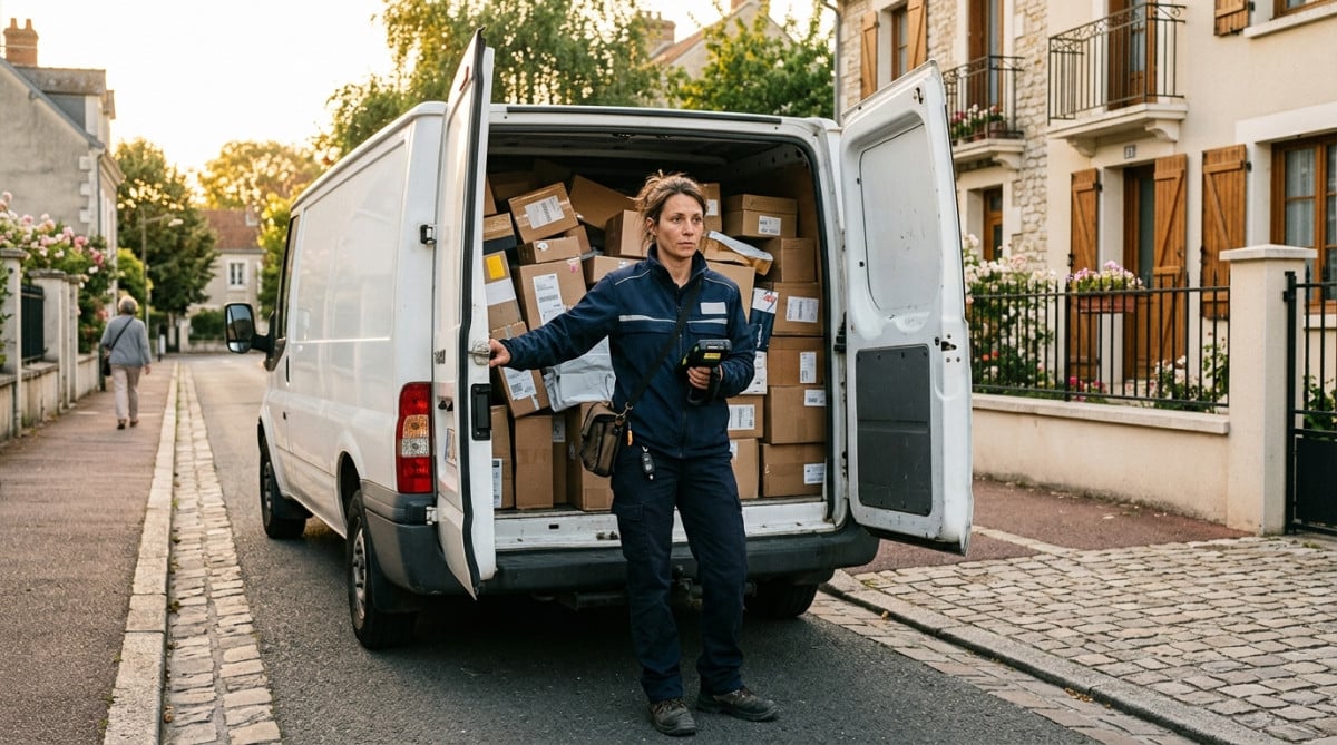 Chauffeuse-livreuse devant son utilitaire à Orléans