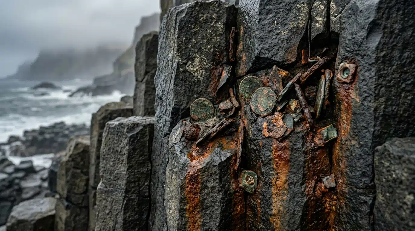 Pièces de monnaie corrodées coincées dans la roche volcanique