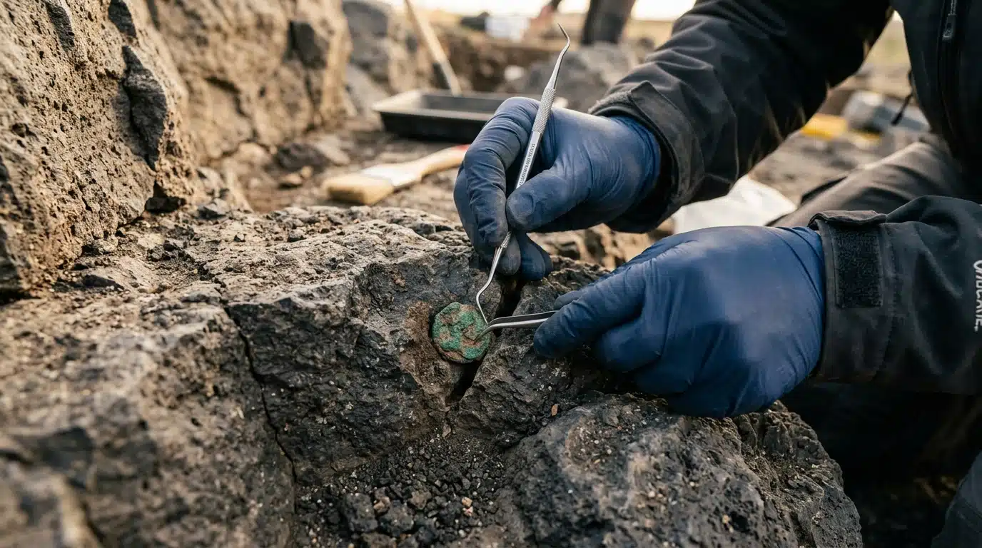Mains retirant délicatement une pièce incrustée dans la pierre