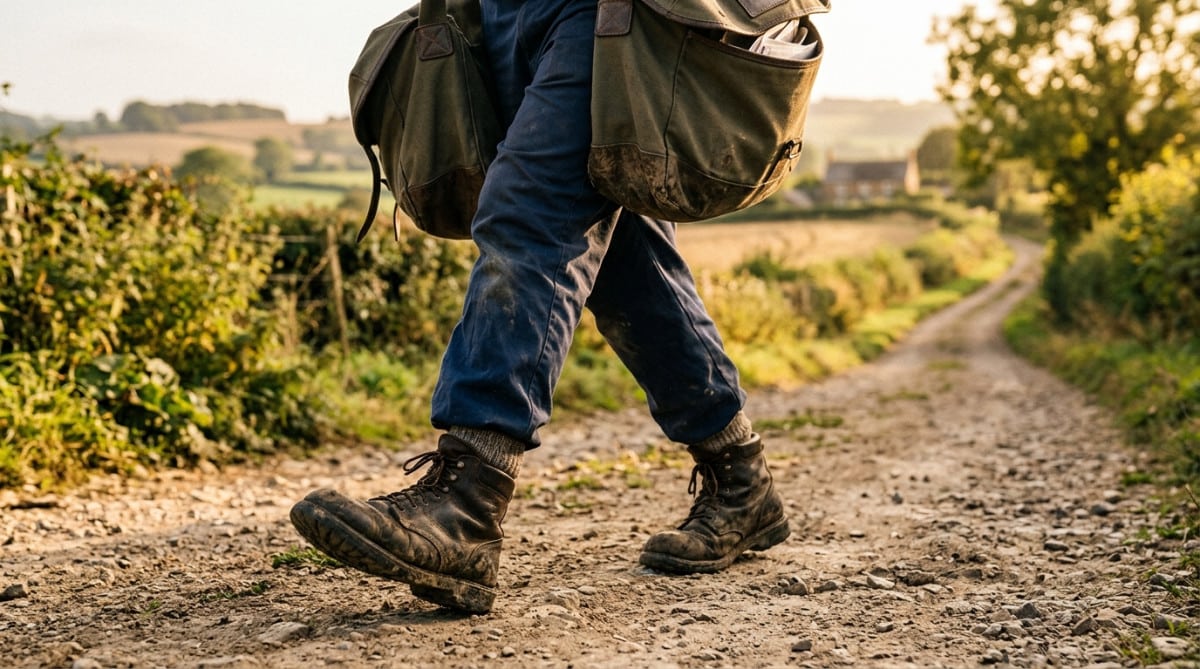 Chaussures usées d'un facteur sur un chemin rural