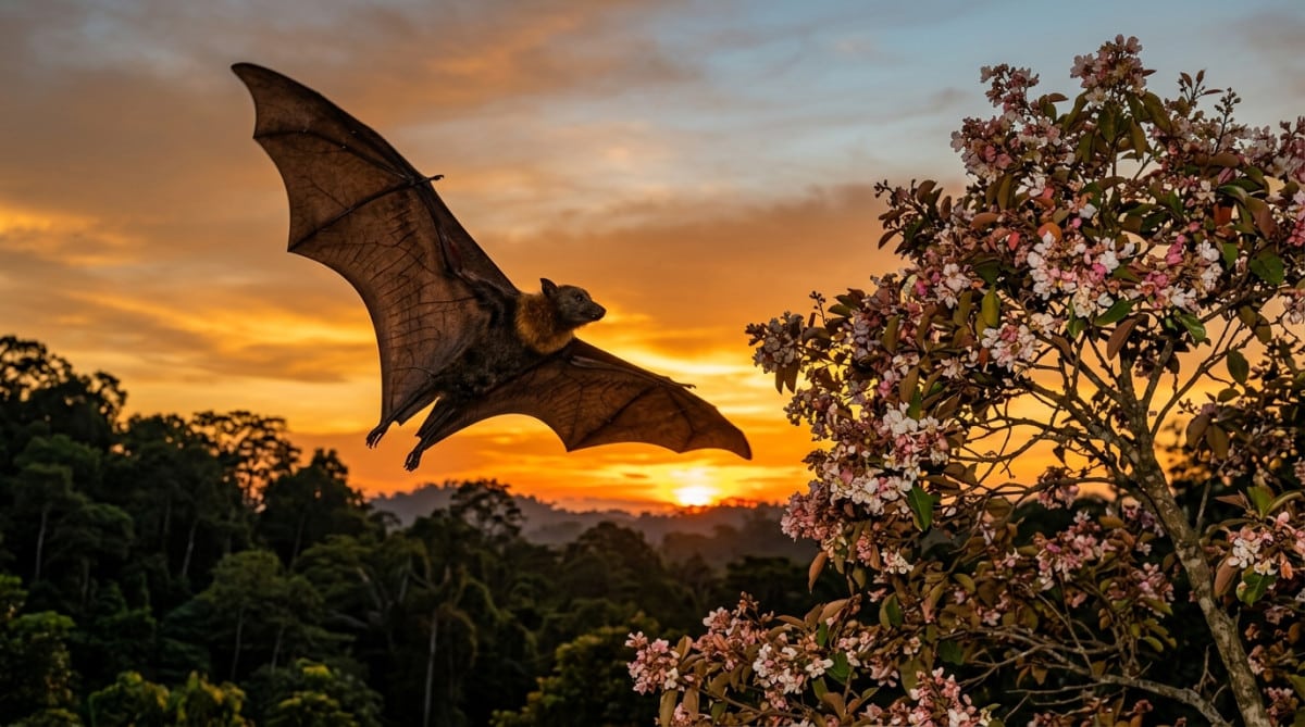 Chauve-souris frugivore volant au coucher du soleil