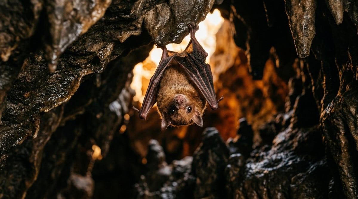 Chauve-souris suspendue montrant ses yeux dans une grotte